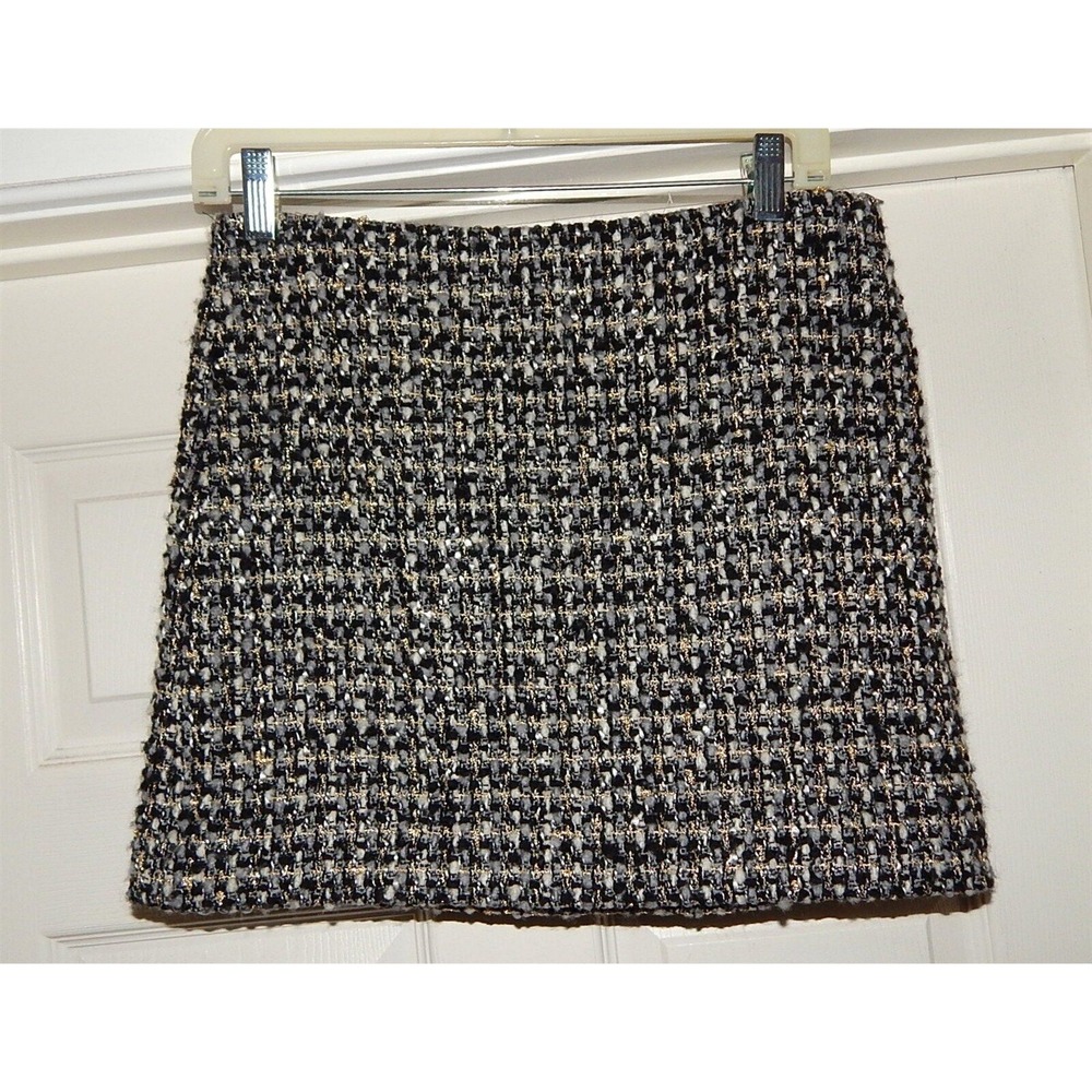 J. Crew Black Gray Gold Boucle Knit Wool Pleated Skirt sz 2